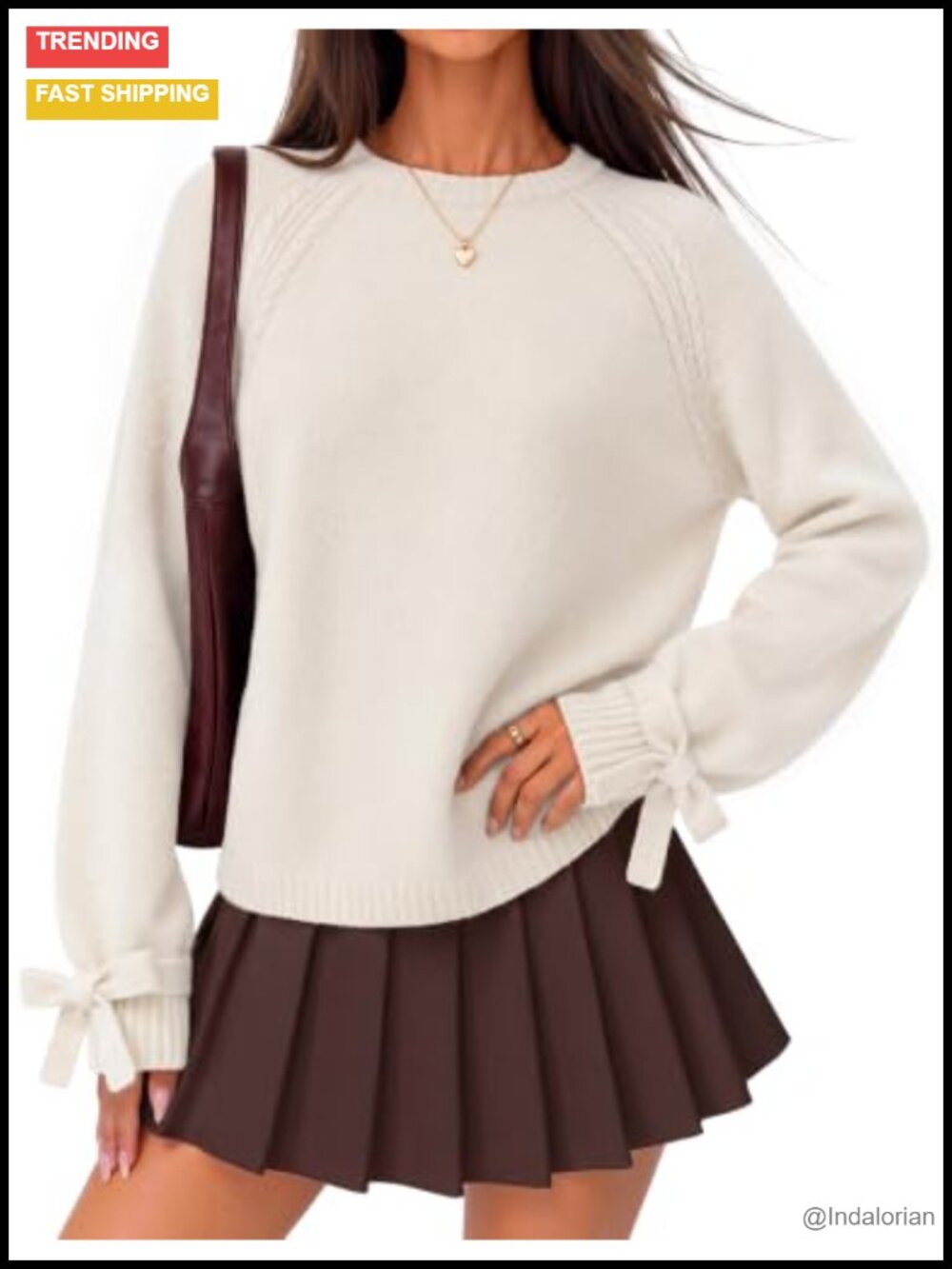 Cable Knit Bow Sweater Women Cute Heathered Long Sleeve Crew Neck